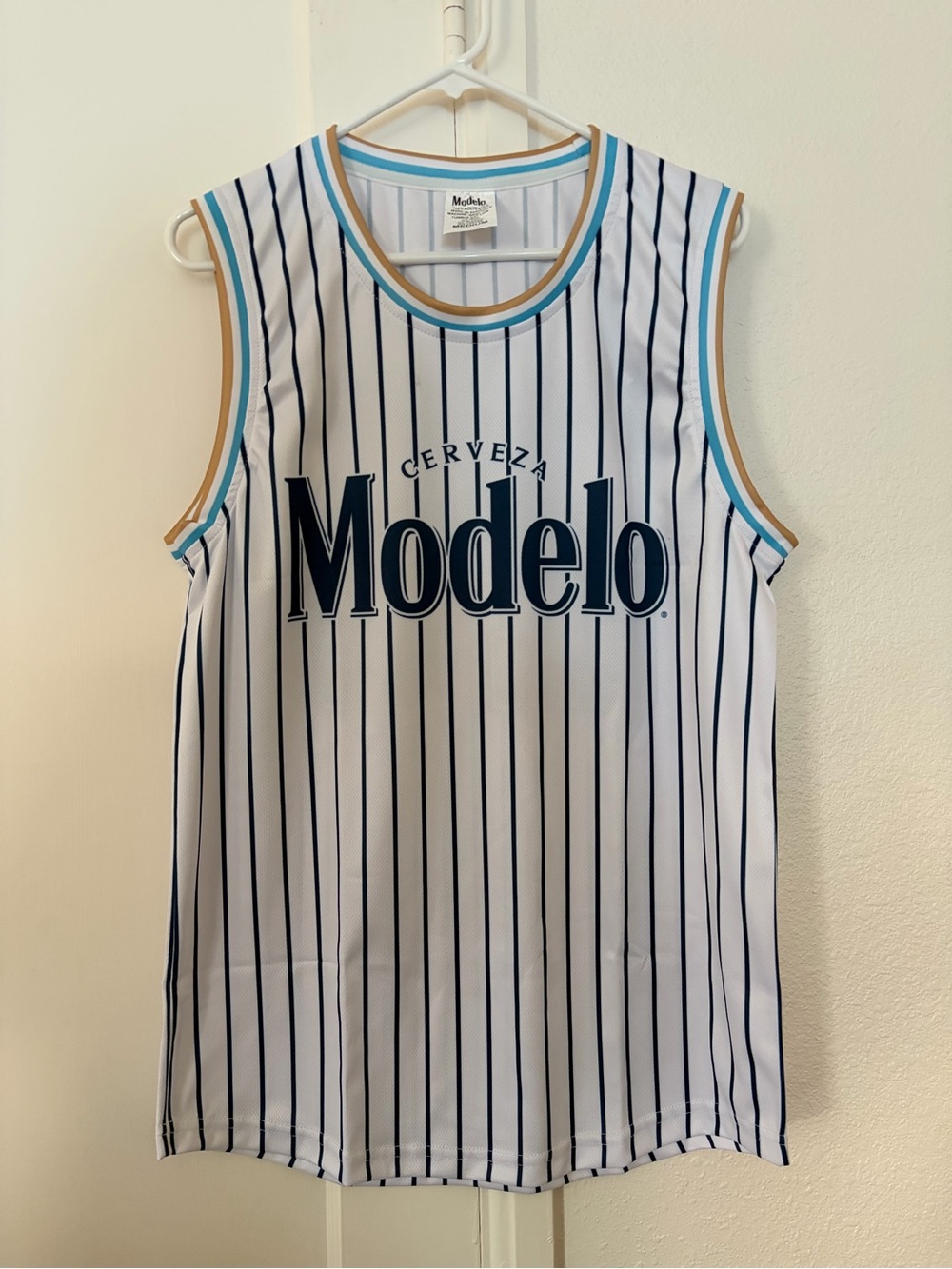 Modelo Cerveza Logo Tank Top — White & Navy with Gold Trim - Medium